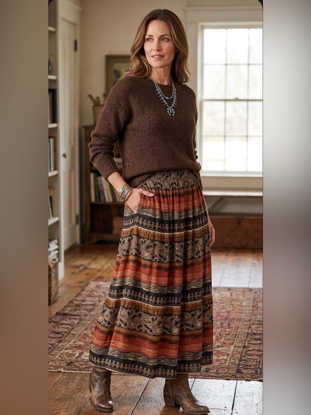 Coldwater Creek Vintage maxi skirt Boho Southwestern  Tiered Maxi Rayon Brown